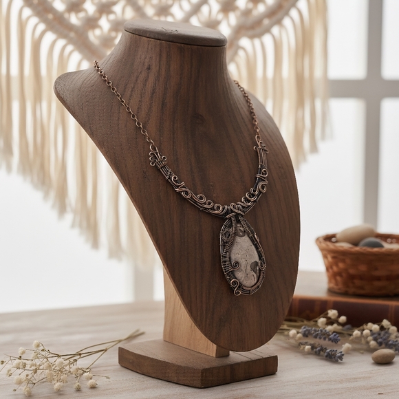 Boho Chic Copper Wire Wrapped Coffee Bean Jasper Gemstone Artisanal Necklace - Picture 9 of 13